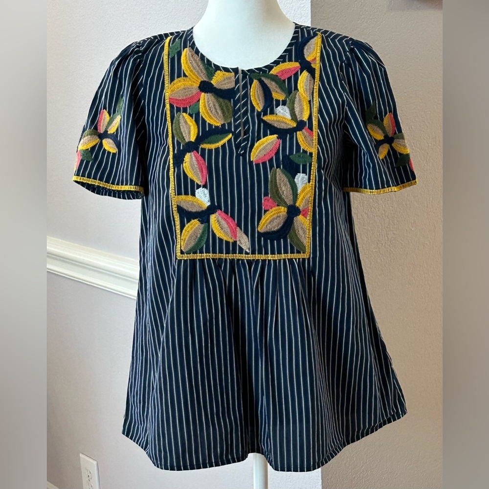 Madewell Women’s Blue Floral Embroidered Pinstripe Fable Shirt